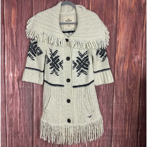 Hollister Womens Ivory Chunky Knit Cardigan Fringe Y2K 2000s Wool Fair Isle XS/S